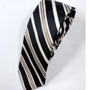 Michael Kors Mens Black Tan White Striped 100% Silk Necktie Formal Professional